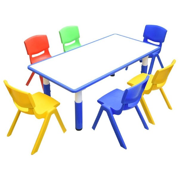120x60cm Kids Blue Height-adjustable Whiteboard Drawing Table & 6 Mixed Chairs Set