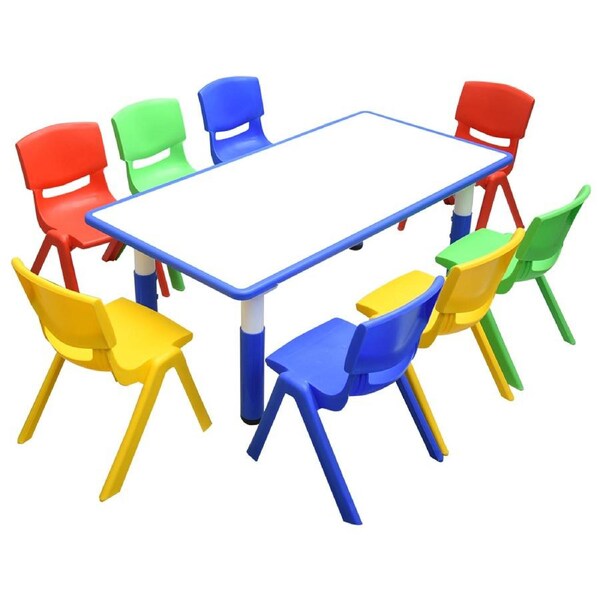 120x60cm Kids Blue Height-adjustable Whiteboard Drawing Table & 8 Mixed Chairs Set