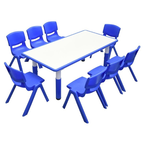 120x60cm Kids Blue Height-adjustable Whiteboard Drawing Table & 8 Blue Chairs Set
