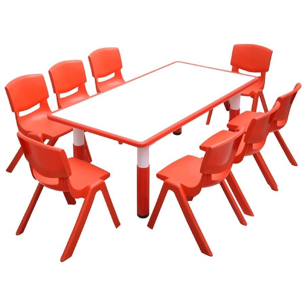 120x60cm Kids Red Height-adjustable Whiteboard Drawing Table & 8 Red Chairs Set