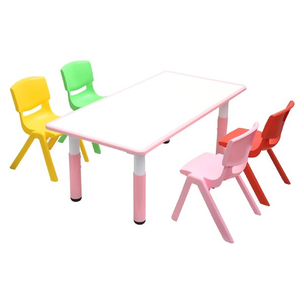 120x60cm Kids Pink Height-adjustable Whiteboard Drawing Table & 4 Mixed Chairs Set