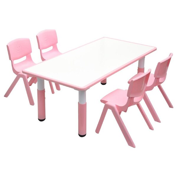 120x60cm Kids Pink Height-adjustable Whiteboard Drawing Table & 4 Pink Chairs Set