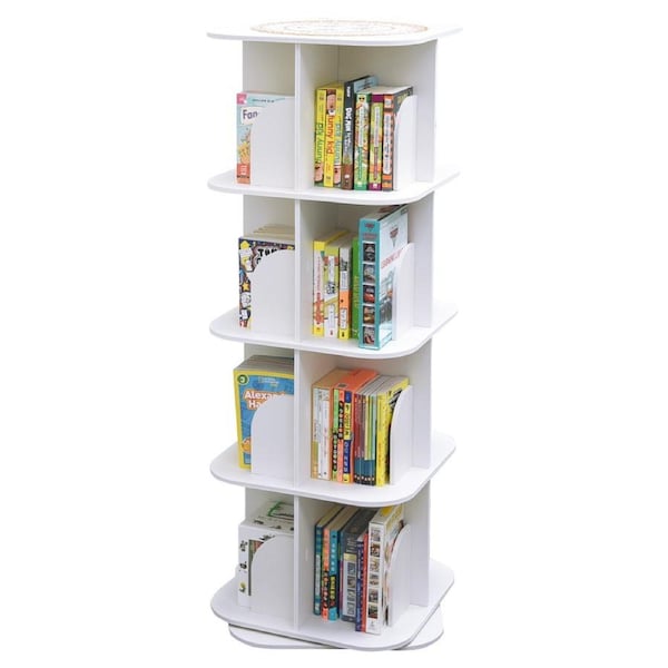 4 Tiers Versatile Square Wooden Rotating Swivel Bookshelf Bookcase Cabinet White 128CM