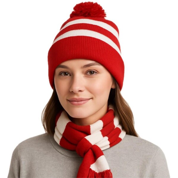 Red White Stripe BEANIE & SCARF SET Hat Where's Wally Waldo Costume Ski Winter Cap