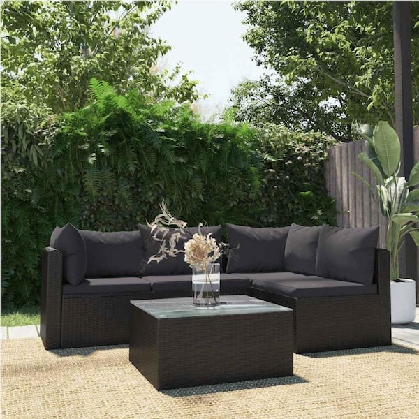 5 Piece Garden Lounge Set with Cushions Poly Rattan Black vidaXL