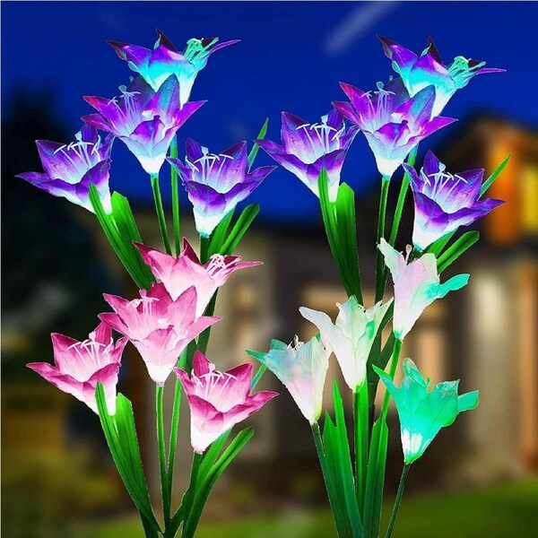 4 Pack Solar Garden Lights Outdoor Solar Flowers, 7-Color Changing Solar Pathway Decor Lights
