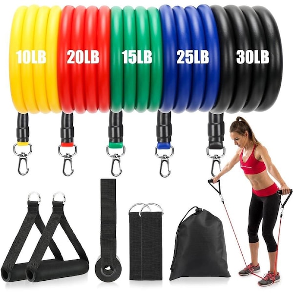Resistance Band Set Includes 5 Stackable Exercise Bands with Handles, Carry Bag, Ankle Straps and Door Anchor Accessory