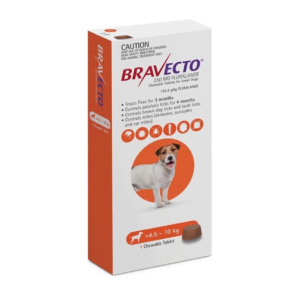 Bravecto Flea & Tick Tablets - Small Dogs 4.5-10kg - Orange Pack - 1 Tablet 3 Mo