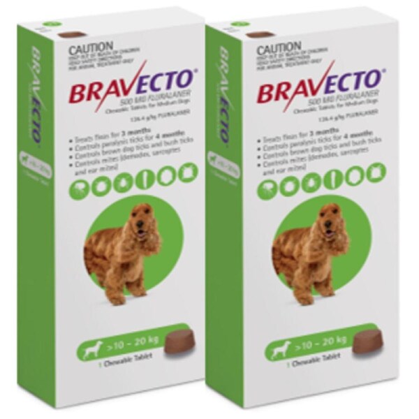 Bravecto Flea & Tick Tablets for Medium Dogs 10-20 kg - Green - 2 Tablets (6 months)