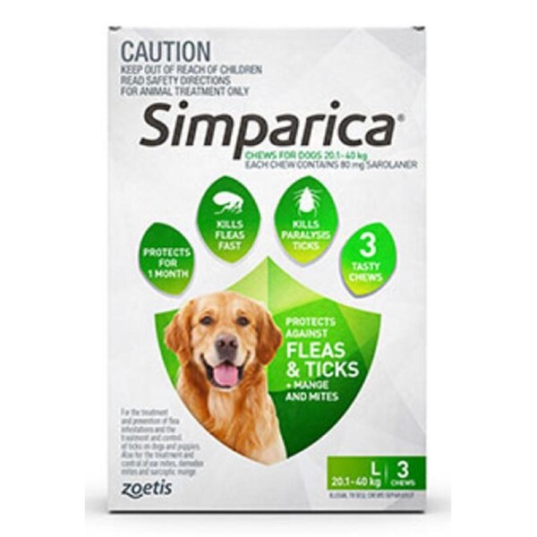 Simparica for Large Dogs 20.1-40kg Green (3 Pack) Flea & Tick Tablets Treatment