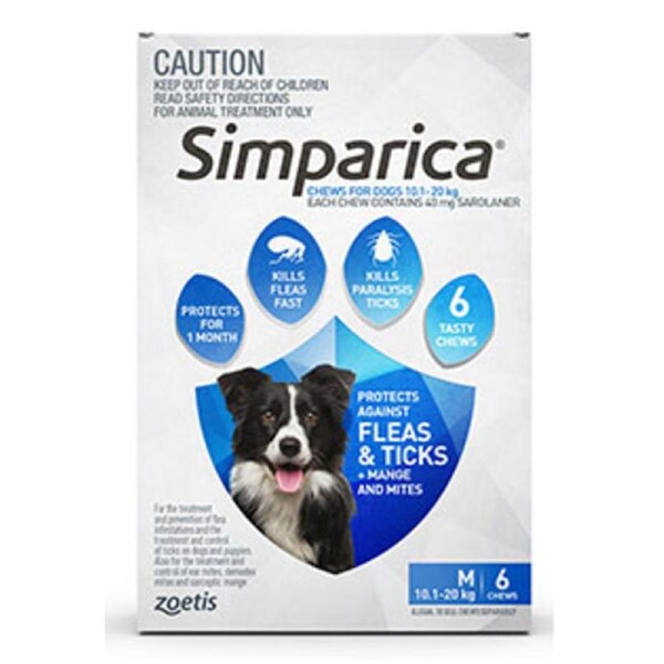 Simparica for Medium Dogs 10.1-20kg - Blue - 6 Pack - Flea & Tick Tablets