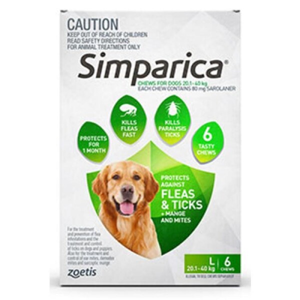 Simparica for Large Dogs 20.1-40kg - Green - 6 Pack - Flea & Tick Tablets