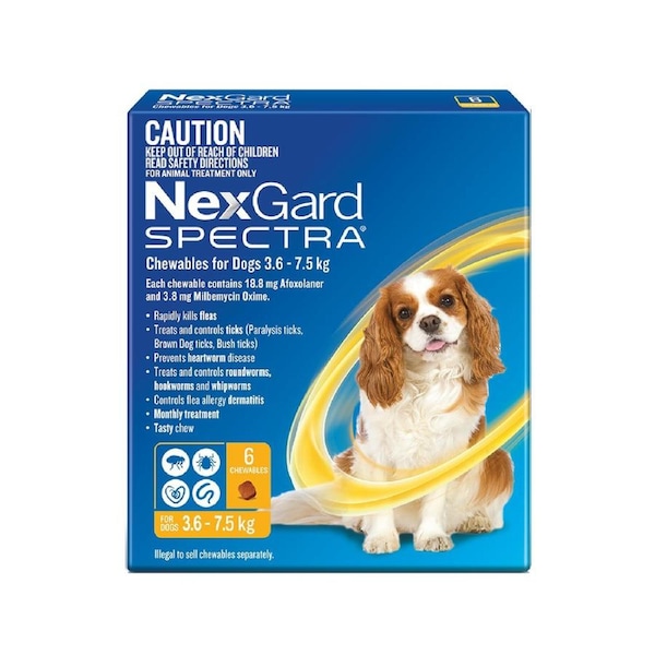 NexGard SPECTRA Flea, Tick & Heartworm for Dogs 3.6-7.5kg - Yellow - 6 Pack