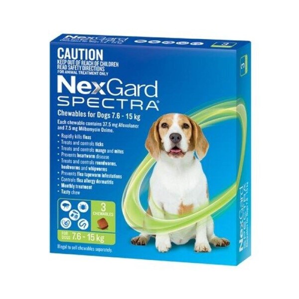 NexGard SPECTRA Flea, Tick & Heartworm for Dogs 7.6-15kg - Green - 3 Pack