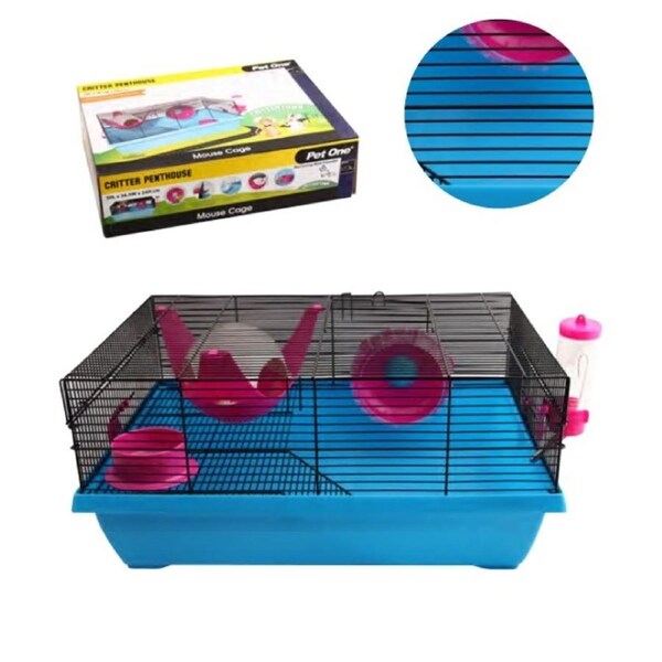 Critter Penthouse Mouse Wire Cage - 50L X 36.5W X 24cm H - Blue/Pink (Pet One)