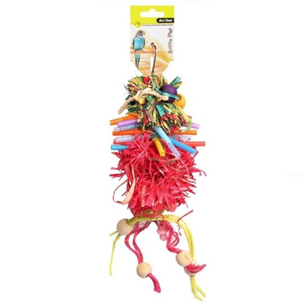 Raffia Pom Pom With Wooden Beads And Sisal Ropes 28cm Bird Toy (Avi One)