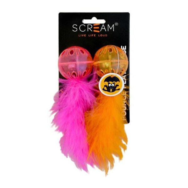 Lattice Balls 2 Pack with Feather Toys for Adult Cats & Kittens by Scream (Orange & Pink)