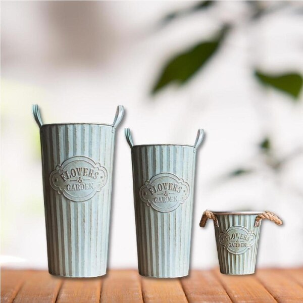 Vintage French Styled V-Shaped Tin Bucket with Handles (Set of 3)