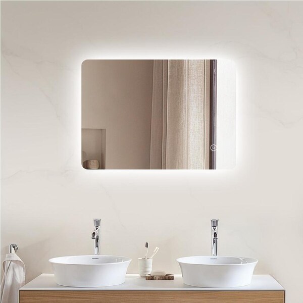 ELEGANT Rectangular Bathroom Mirror 80x50cm Touch Switch Backlit White Light LED Wall Mirrors Horizontal or Vertical Hanging