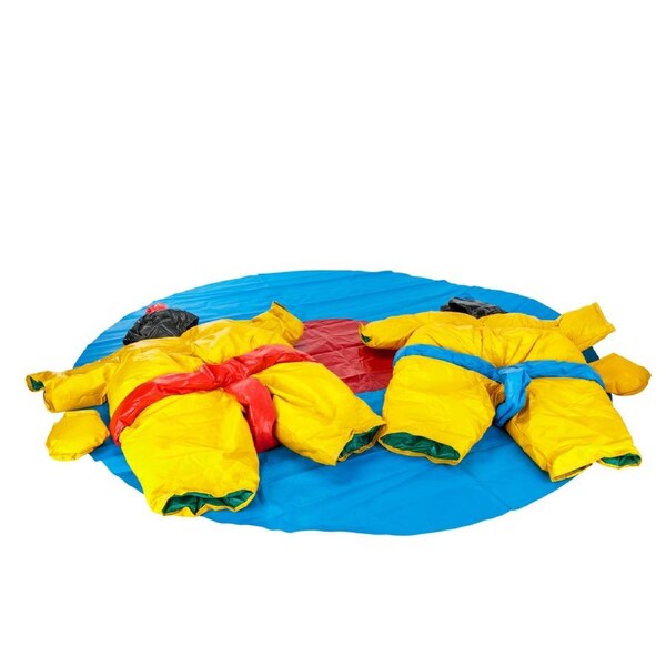 Two Adult PVC and Fabric Sumo Suits with Helmets Gloves w/ 291cm Mat