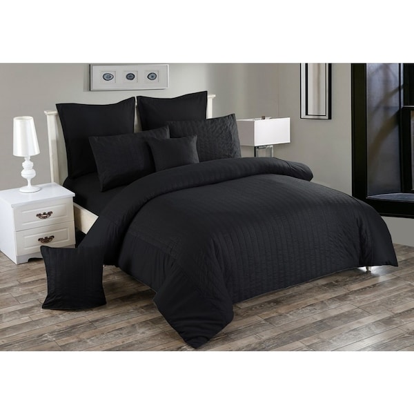 Seersucker Queen Size Quilt/Doona/Duvet Cover Set - Black