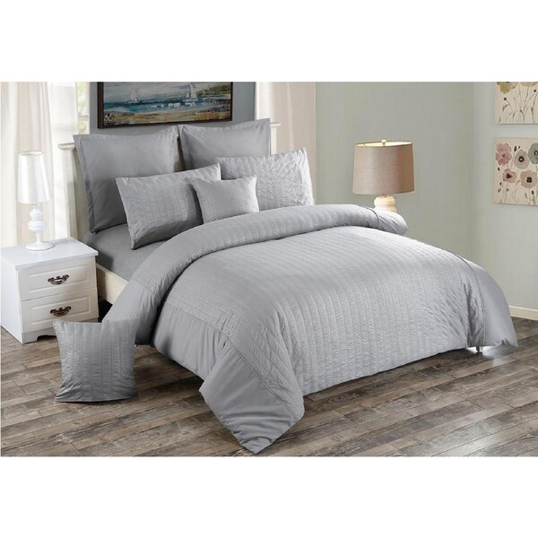 Seersucker Queen Size Quilt/Doona/Duvet Cover Set - Grey