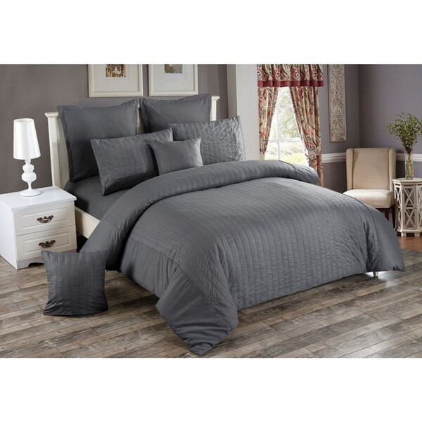 Seersucker Queen Size Quilt/Doona/Duvet Cover Set - Charcoal