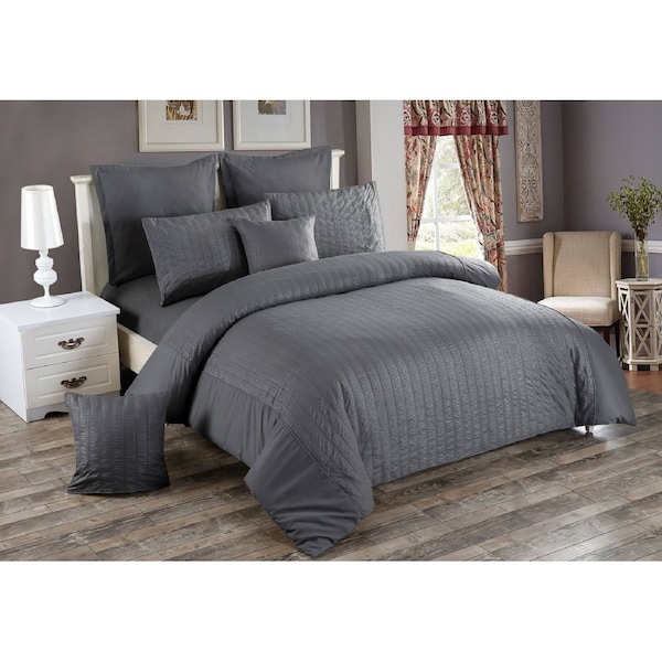 Seersucker Super King Size Quilt/Doona/Duvet Cover Set - Charcoal