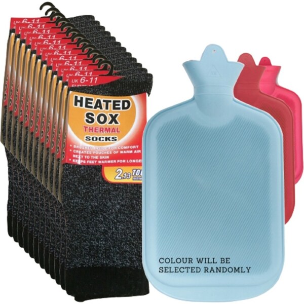12 Pairs Thermal Heated Socks w/ BONUS Hot Water Bottle Warm Winter Pack