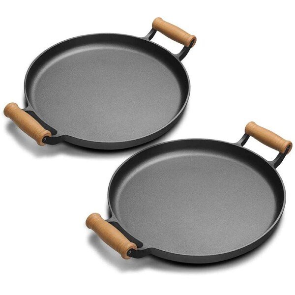 SOGA 2X 35cm Cast Iron Frying Pan Skillet Steak Sizzle Fry Platter With Wooden Handle No Lid