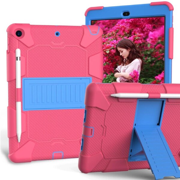 Catzon Silicone+PC Case 3-Layer Anti-fall Protective Cover Tablet Stand For iPad 7 10.2 inch(2019)-2hotpink blue