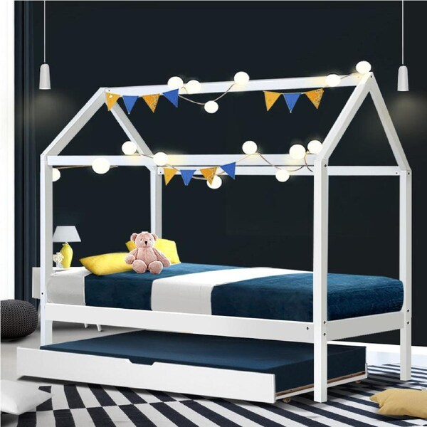 Artiss Wooden Bed Frame Trundle Kids House Frame