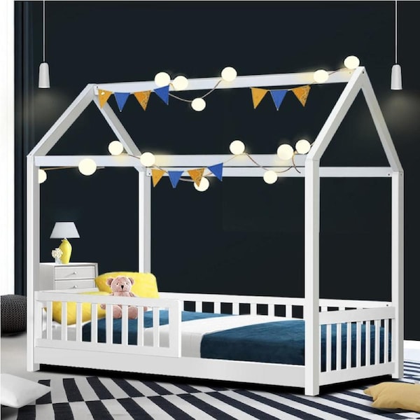 Artiss Wooden Bed Frame Kids House Frame White ROCK