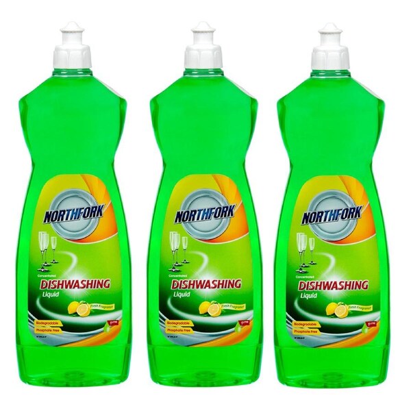 3x Northfork 1L Biodegradable Dishwashing Dishes Concentrated Liquid/Soap Lemon