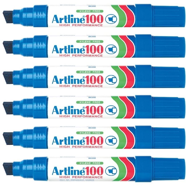 6pc Artline 100 Jumbo Permanent Chisel Whiteboard Writing 7.5-12mm Marker Blue