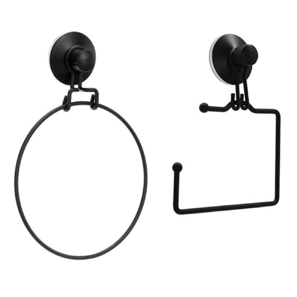 Boxsweden Wall Mount Wire Suction Cup Toilet Paper Roll & Towel Ring Holder BLK