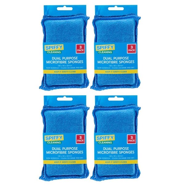 4x 3PK Spiffy Dual Purpose Non Scratch Microfibre Dishwashing Cleaning Sponges