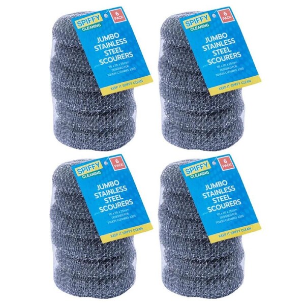 4x 6PK Spiffy 11cm Jumbo Heavy Duty Stainless Steel Dishwashing Scourers Scrub