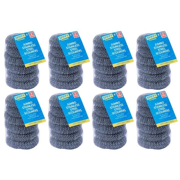 8x 6PK Spiffy 11cm Jumbo Heavy Duty Stainless Steel Dishwashing Scourers Scrub