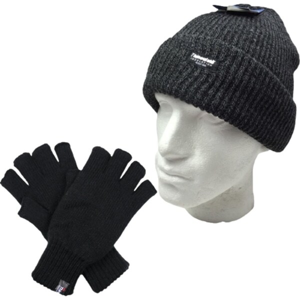 2pcs Winter Set Mens 3M Thinsulate Beanie Hat + Knitted Fingerless Gloves Snow