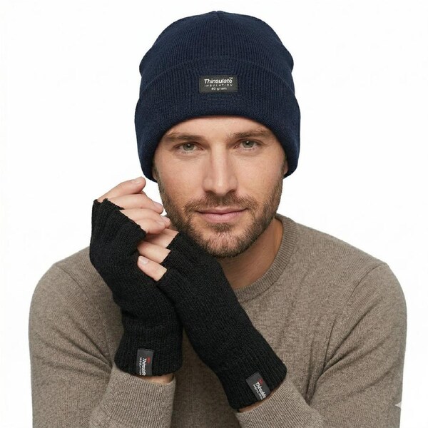 Dents 2pcs Set Mens 3M Thinsulate Pull-On Beanie + Knitted Fingerless Gloves