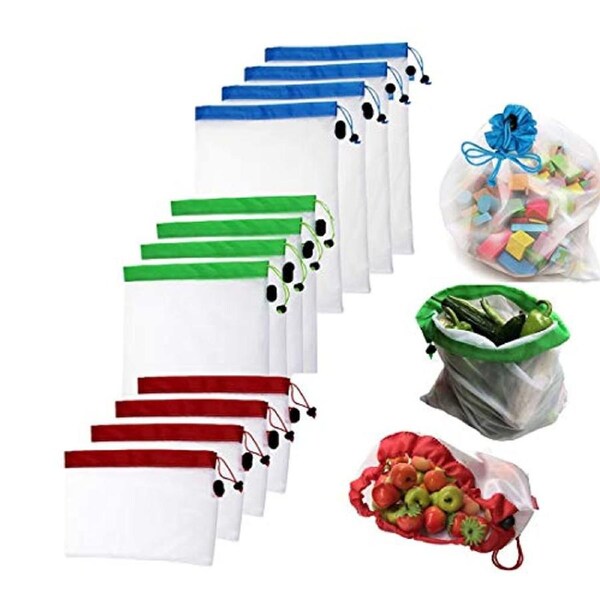 12Pcs Reusable Mesh Produce Bags for Grocery Shopping and Storage Fruit Vegetable and Toys Set