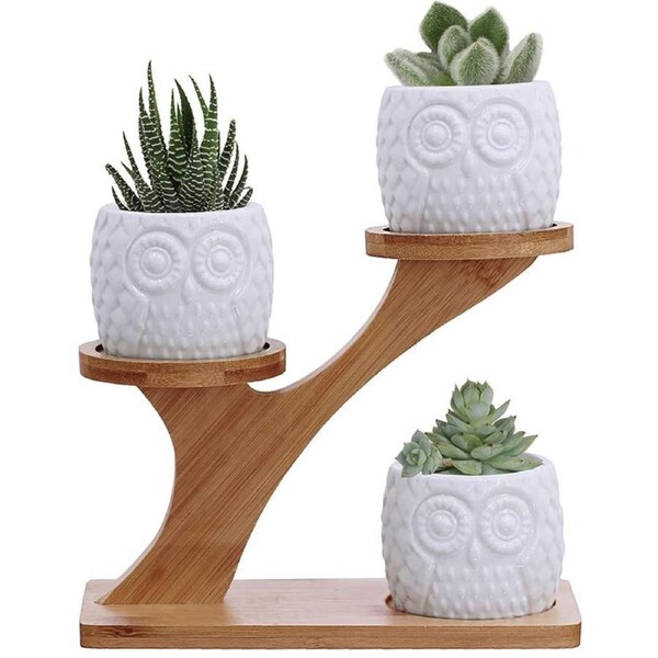 3pcs Ceramic Flower Pots Planters with Bamboo Shelf Rack Succulent Plant Flower Pot Holder Planter Home Decor