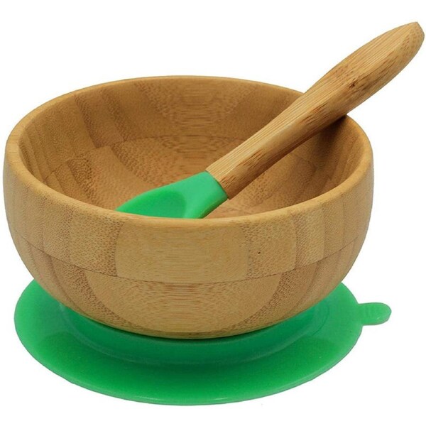 Baby Feeding Bowl and Spoon Set, Bamboo Bowl with Stay Put Silicone Suction Ring