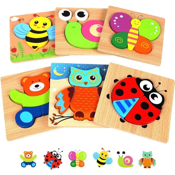 Wooden Jigsaw Puzzle Set,6 Pack Animal Shape Color Montessori Toy,Easter Basket Toy,Fine Motor Skill Early Learning Preschool Educational Gift Game for 1 2 3 4 5 Years Old Kid Toddler