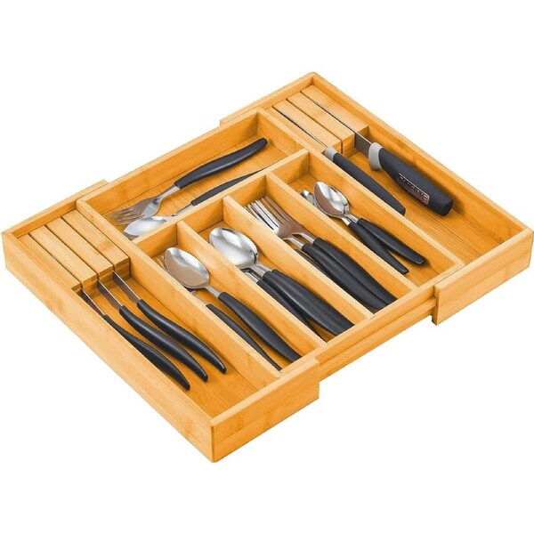 Bamboo Expandable Cutlery Organizer Tray For Silverware, Flatware, Utensils, Cutlery