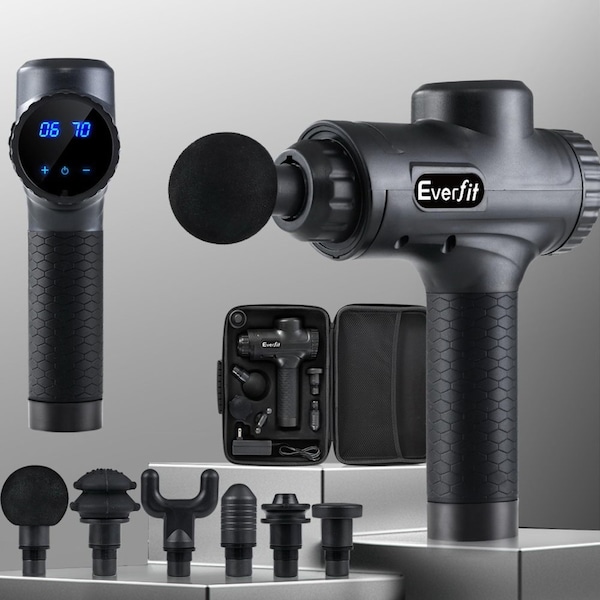 6 Heads Everfit Massage Gun 30 Speed Vibration Muscle Massager Chargeable Black