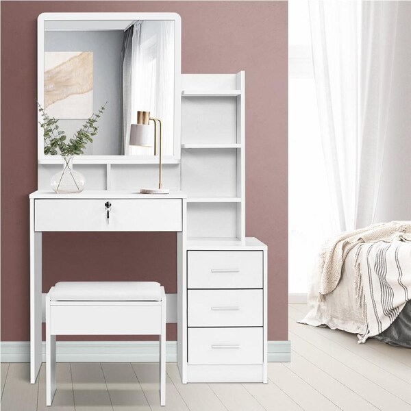 Artiss Dressing Table Stool Set Vanity Desk Makeup Mirror Storage Shelf 4 Drawers White
