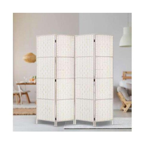 Rattan 4 Panel Foldable Wooden Room Divider - White