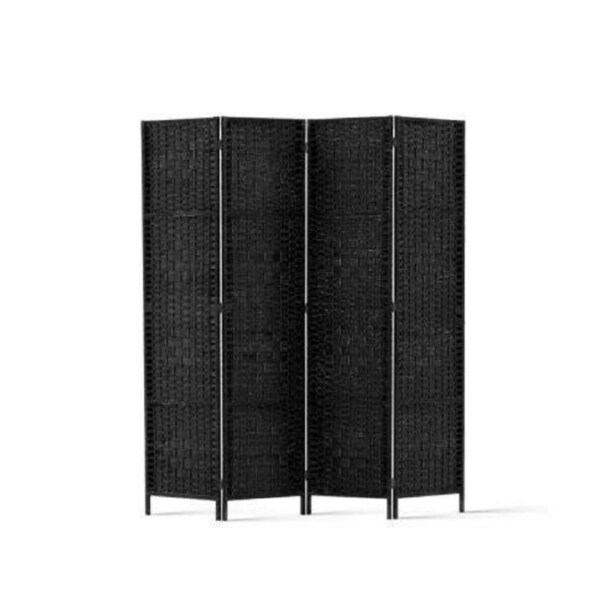 Rattan 4 Panel Foldable Wooden Room Divider - Black